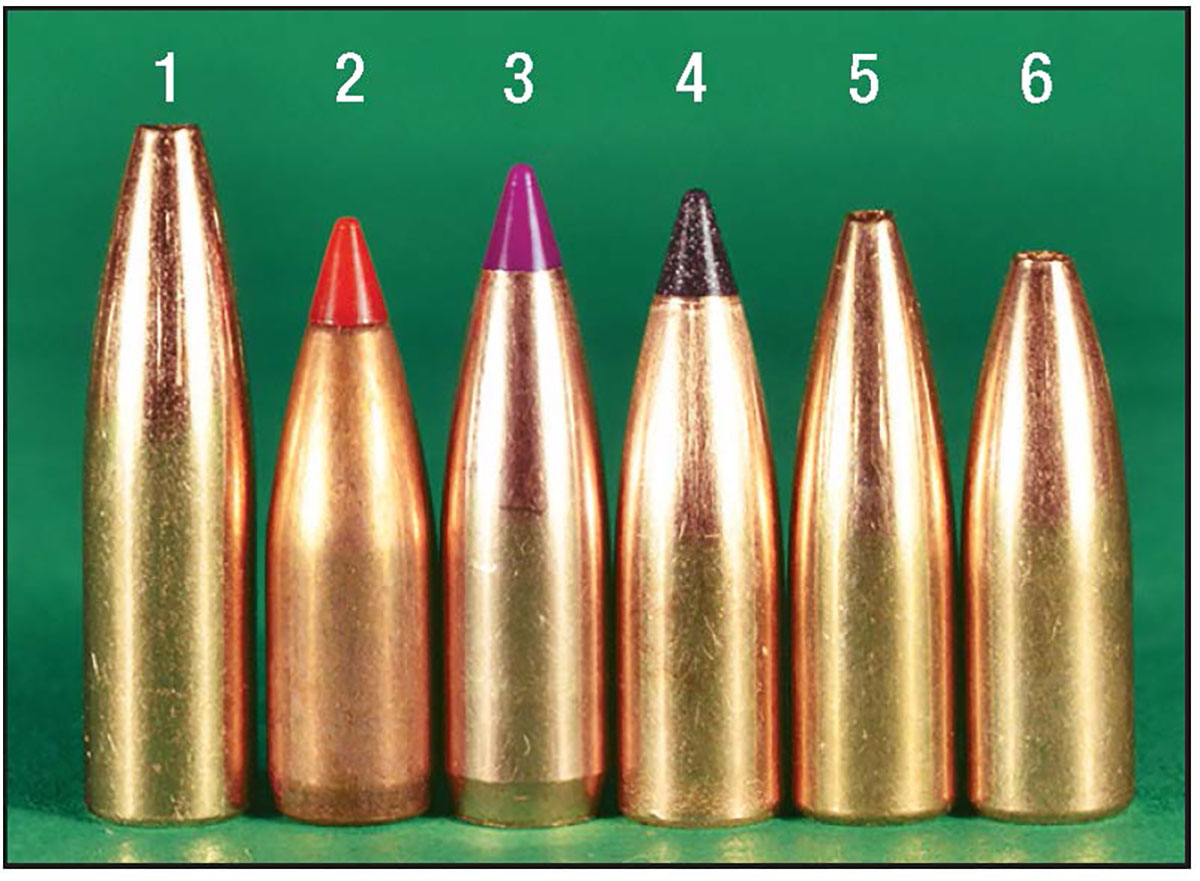 Medium-weight bullets tested include the (1) Barnes 62-grain Varmint Grenade, (2) Hornady 65 V-MAX, (3) Nosler 70 Ballistic Tip Varmint, (4) Nosler 70 Varmageddon, (5) Speer 70 TNT and the (6) Barnes 72-grain Varmin-A-Tor.